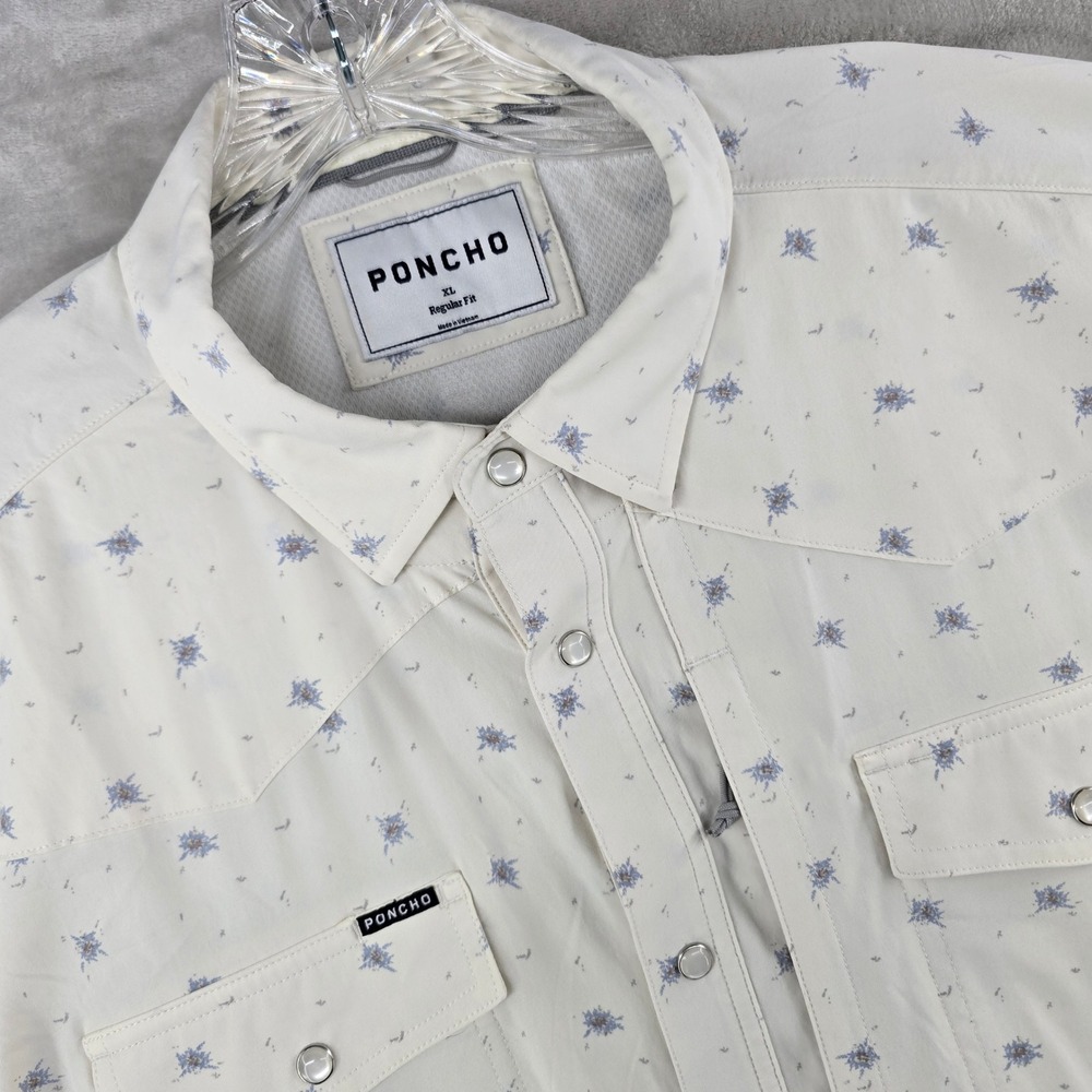Poncho Shirt Mens XL Llano White Blue Pearl Snap Western Short Sleeve